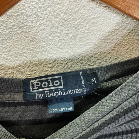 Polo Ralph Lauren Mens M Long Sleeve Striped Shirt Gray Black Cotton Logo - Picture 2 of 5